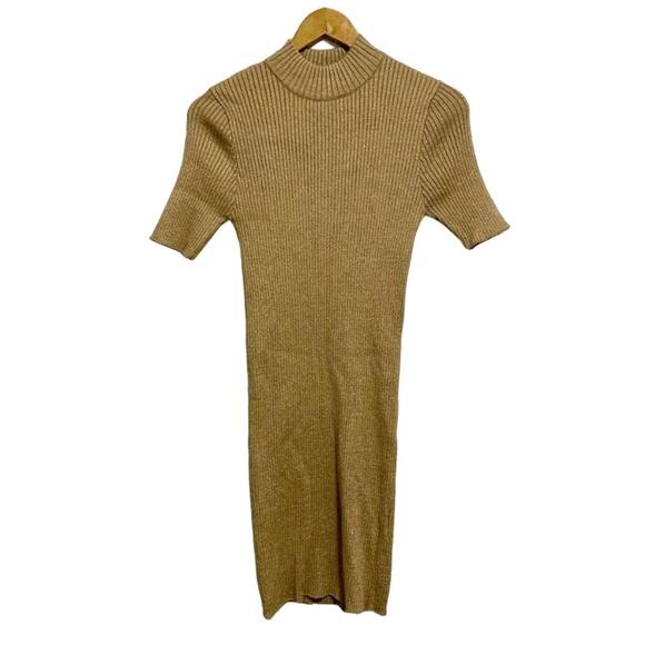 Forever 21 Metallic Gold Shirt Sleeve Ribbed Knit Mock Neck Body Con Dress - Picture 1 of 8
